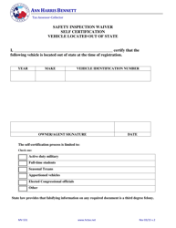 Document preview: Form MV-531 Safety Inspection Waiver Self Certification Vehicle Located out of State - Harris County, Texas