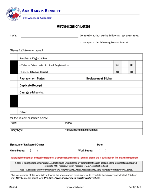 Form MV-454 Authorization Letter - Harris County, Texas