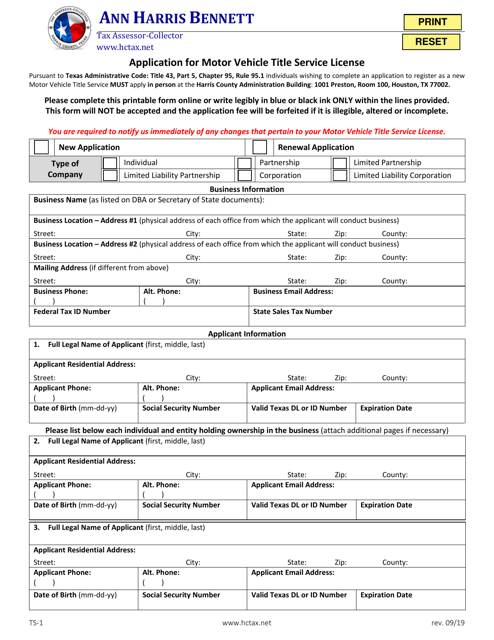 Document preview: Form TS-1 Application for Motor Vehicle Title Service License - Harris County, Texas