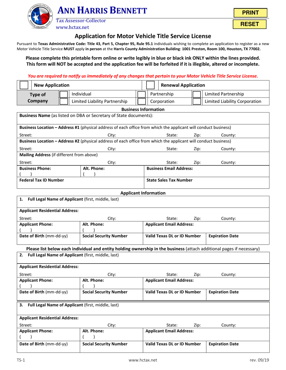 Form TS-1 Application for Motor Vehicle Title Service License - Harris County, Texas, Page 1