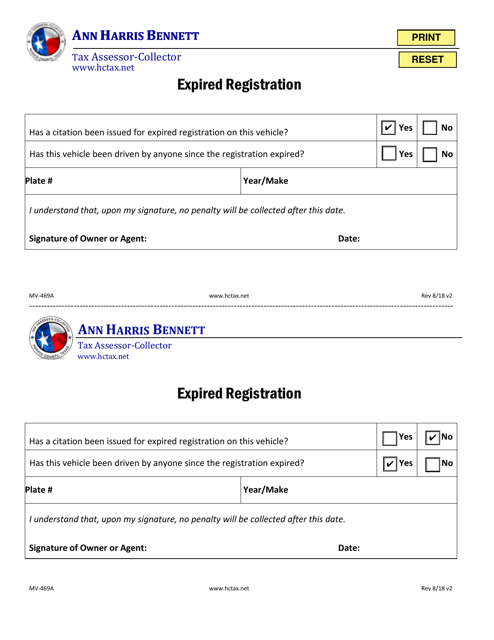 Form MV-469A Expired Registration Affidavit - Harris County, Texas