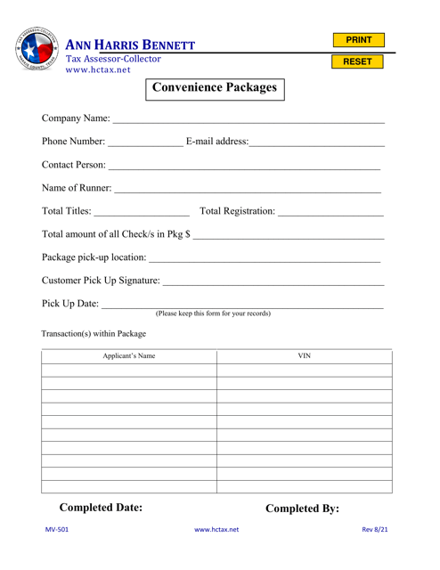 Form MV-501 Convenience Packages - Harris County, Texas