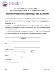 Form TS-2 &quot;Acknowledgement of Receipt of Forms Ts-5 and Ts-5a and Copy of Texas Transportation Code 520.051 and Texas Administrative Code 95.1&quot; - Harris County, Texas