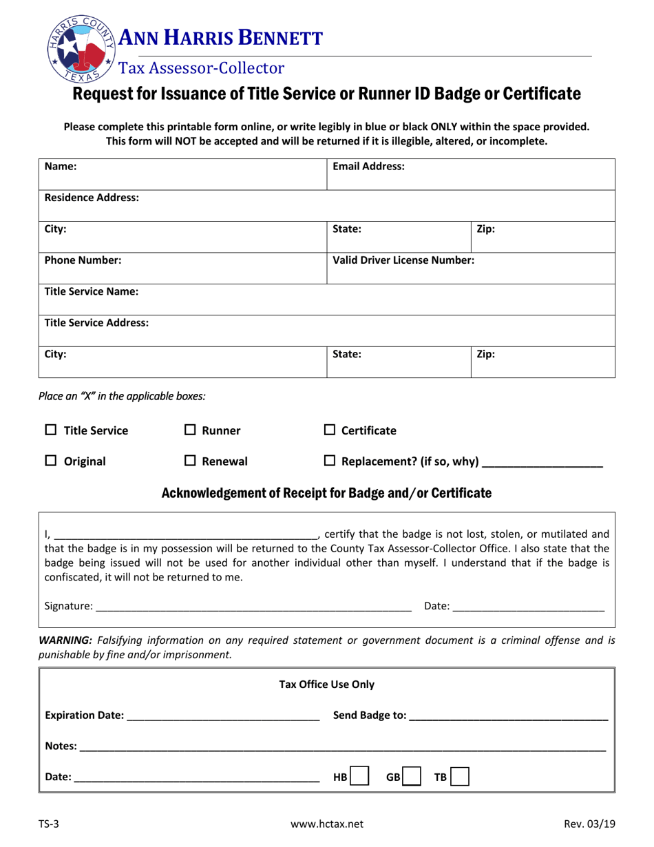 Form TS3 Download Fillable PDF or Fill Online Request for Issuance of