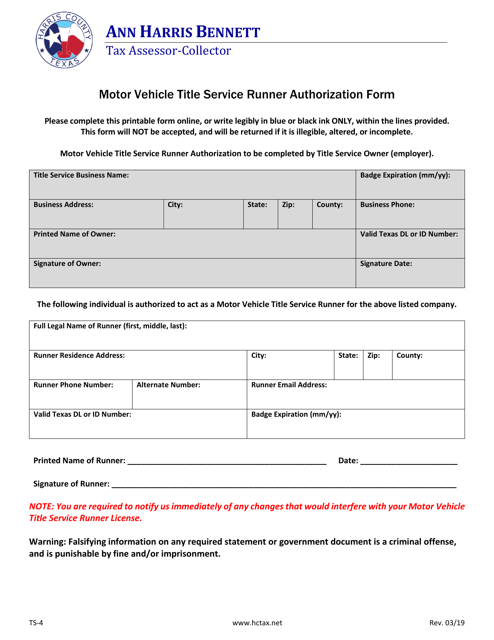 Form TS-4 Motor Vehicle Title Service Runner Authorization Form - Harris County, Texas