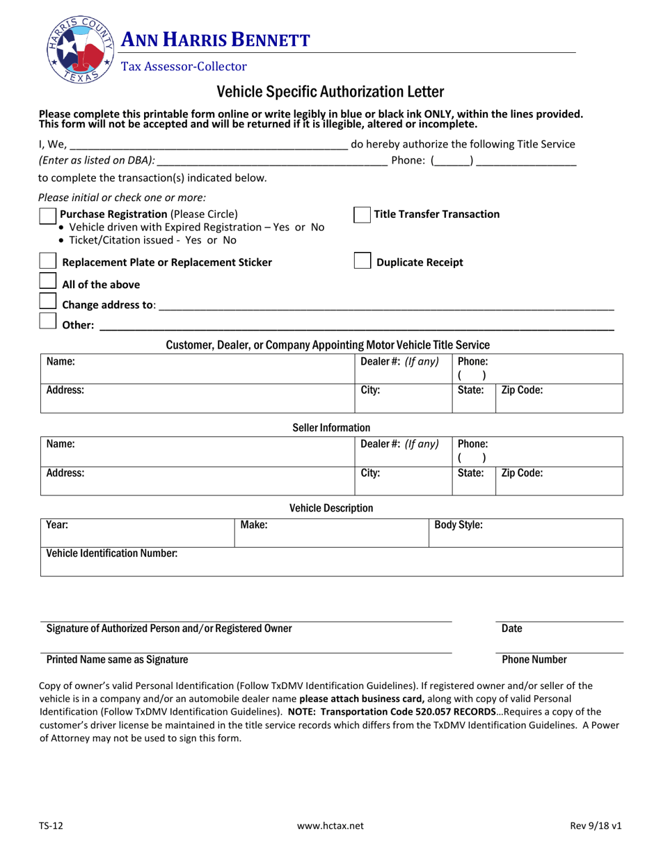 Form TS-12 Vehicle Specific Authorization Letter - Harris County, Texas, Page 1