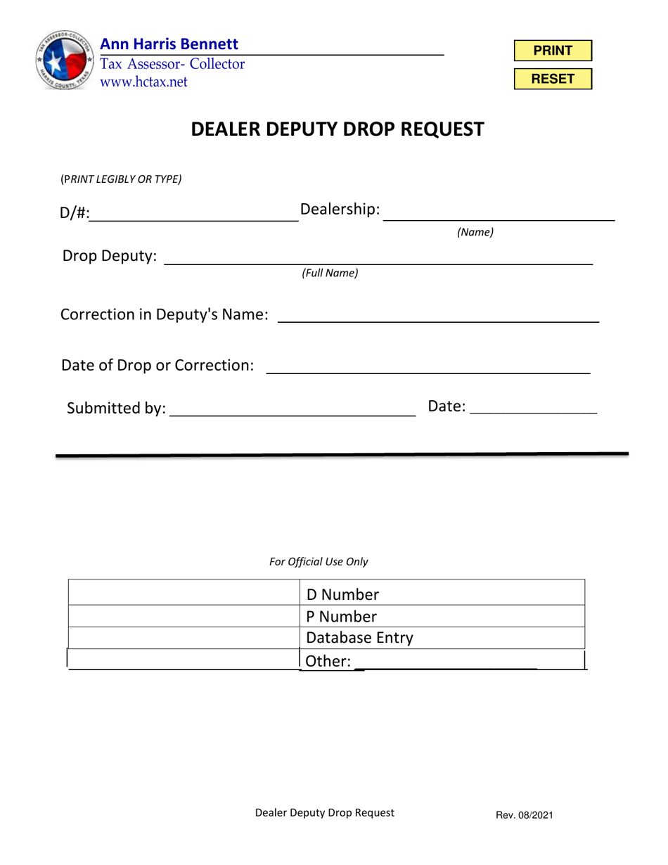 Dealer Deputy Drop / Correction Request - Harris County, Texas, Page 1