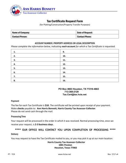 Form PT-TCR Tax Certificate Request Form - Harris County, Texas
