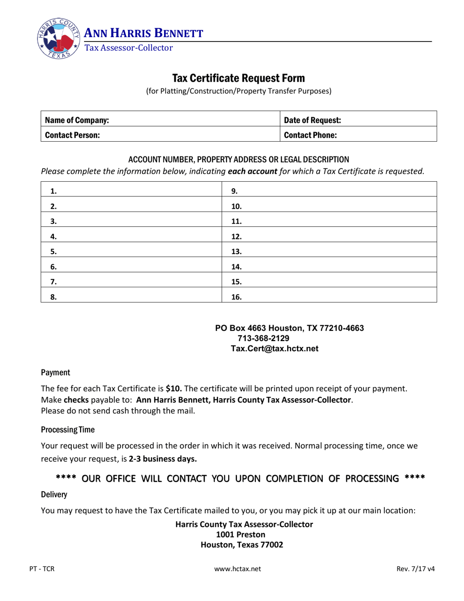 Form PTTCR Fill Out, Sign Online and Download Fillable PDF, Harris