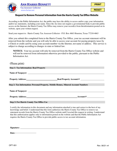 Form OPT-001 Request to Remove Personal Information From the Harris County Tax Office Website - Harris County, Texas