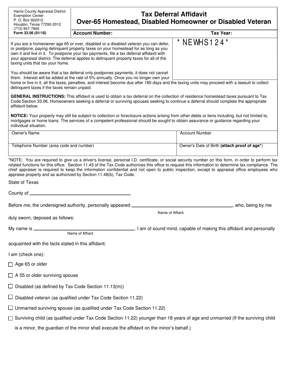 Form 33.06 Tax Deferral Affidavit - Over-65 Homestead, Disabled Homeowner or Disabled Veteran - Harris County, Texas, Page 1
