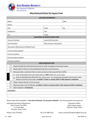 Form PT-MHIF &quot;Manufactured Home Tax Inquiry Form&quot; - Harris County, Texas
