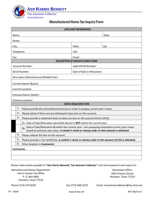 Form PT-MHIF Manufactured Home Tax Inquiry Form - Harris County, Texas