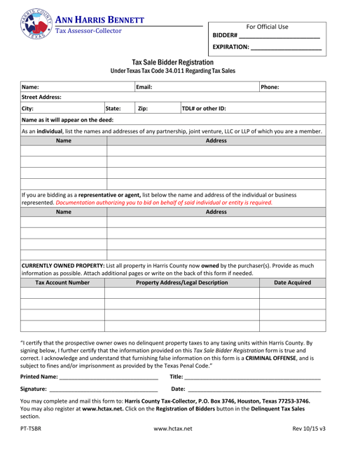 Form PT-TSBR Tax Sale Bidder Registration - Harris County, Texas