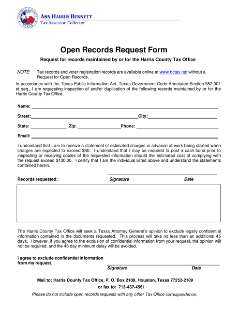 Open Records Request Form - Harris County, Texas Download Pdf