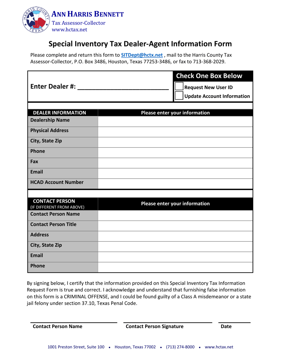 Special Inventory Tax Dealer-Agent Information Form - Harris County, Texas, Page 1