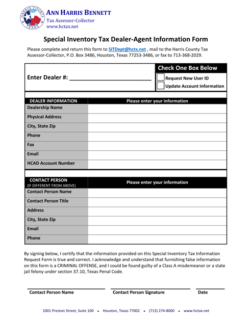 Special Inventory Tax Dealer-Agent Information Form - Harris County, Texas Download Pdf