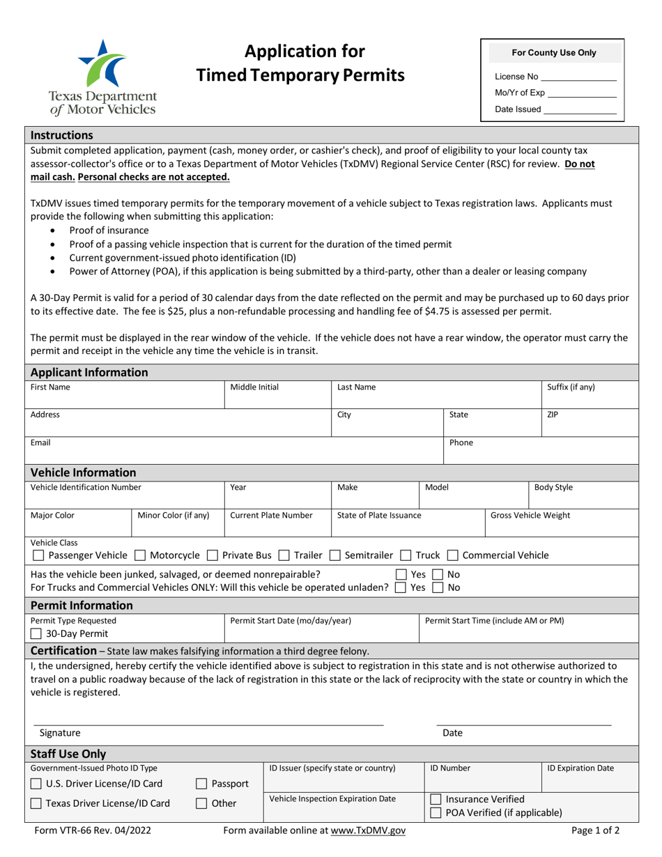 Form VTR-66 Application for Timed Temporary Permits - Texas, Page 1