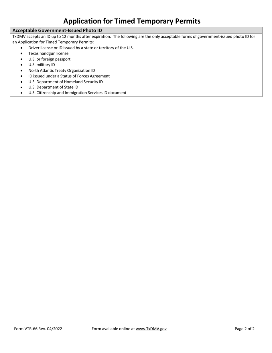 Form VTR-66 Application for Timed Temporary Permits - Texas, Page 2