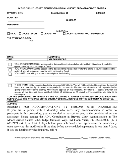 Form LAW277 Subpoena - Brevard County, Florida