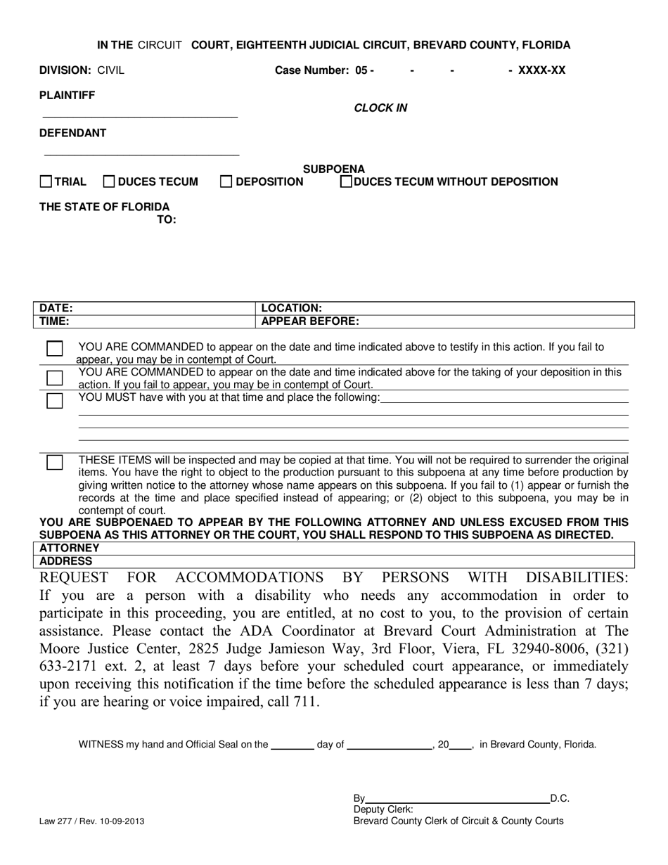 Form LAW277 Subpoena - Brevard County, Florida, Page 1