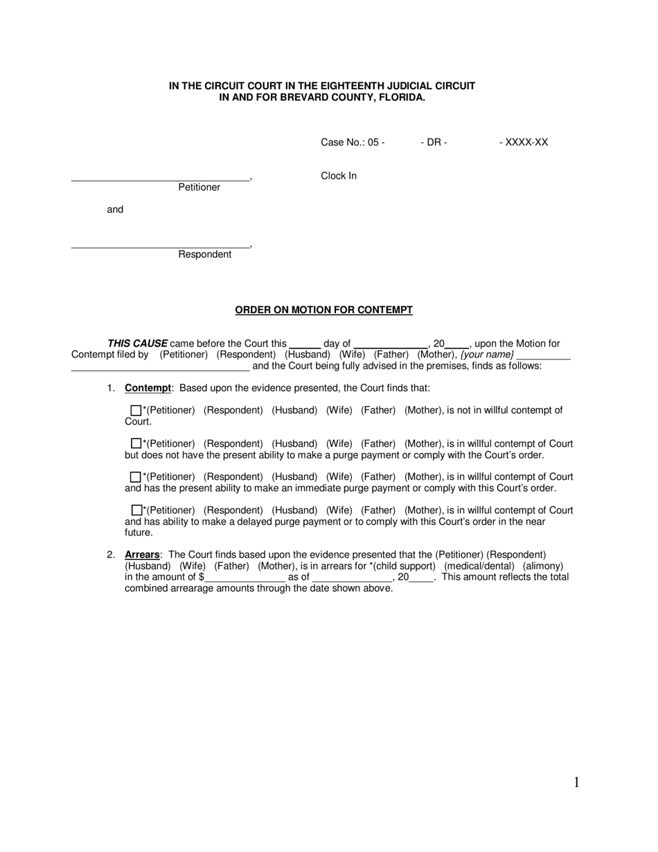 Form LAW1023 Order on Motion for Contempt - Brevard County, Florida, Page 1