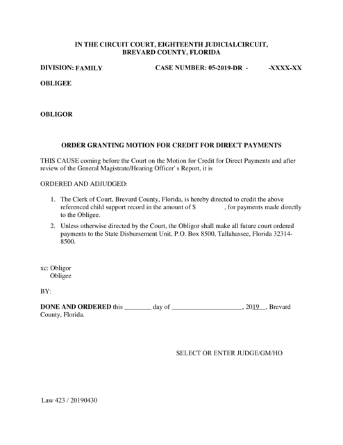 Form LAW423 Order Granting Motion for Credit for Direct Payments - Brevard County, Florida