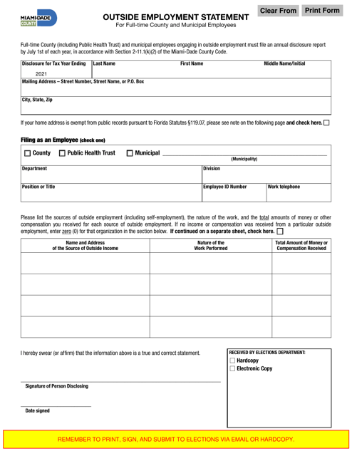 Outside Employment Statement - Miami-Dade County, Florida Download Pdf