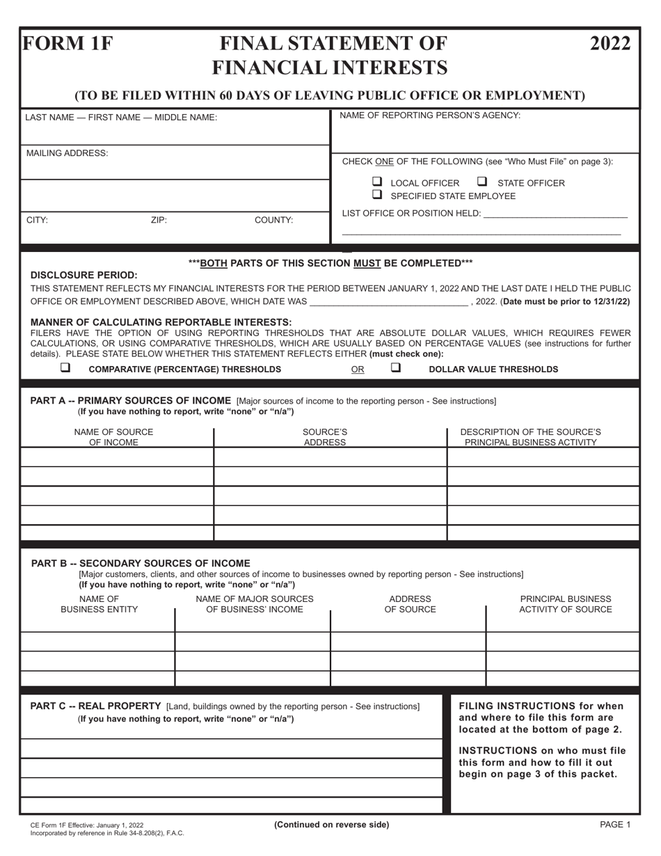 CE Form 1F Final Statement of Financial Interests - Florida, Page 1