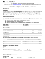 Document preview: Amendment to Declaration of Domestic Partnership - City of Miami Beach, Florida