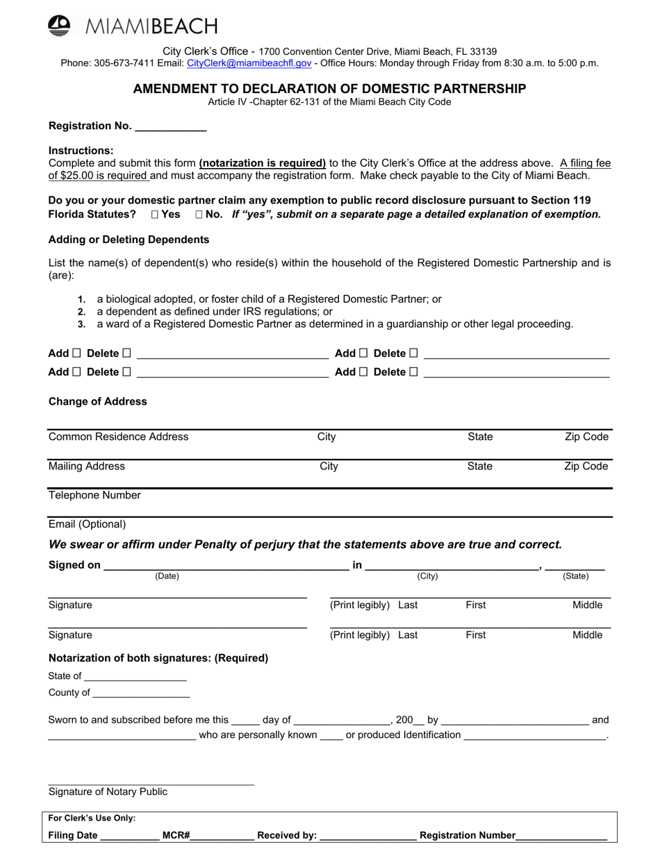 City of Miami Beach, Florida Amendment to Declaration of Domestic