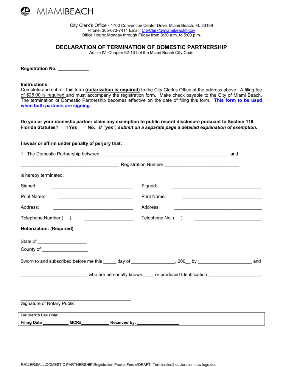 Termination of Domestic Partnership (Signatures From Both Partners) - City of Miami Beach, Florida, Page 1