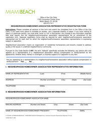 Document preview: Neighborhood and Homeowner Association Representative Registration Form - City of Miami Beach, Florida
