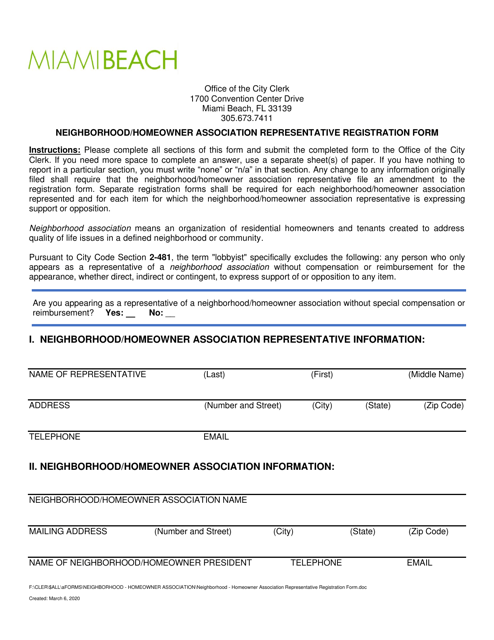 Neighborhood and Homeowner Association Representative Registration Form - City of Miami Beach, Florida Download Pdf