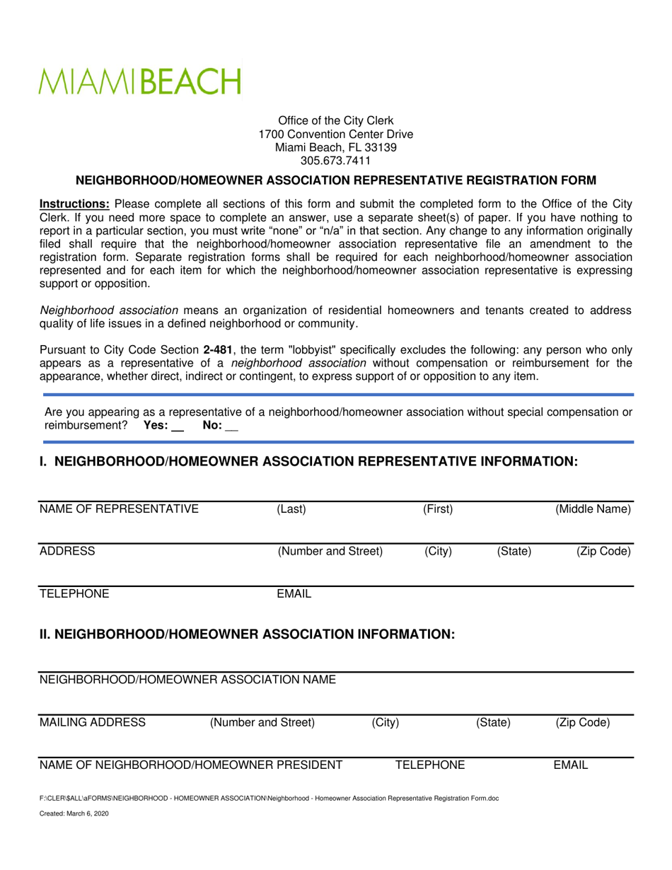 Neighborhood and Homeowner Association Representative Registration Form - City of Miami Beach, Florida, Page 1