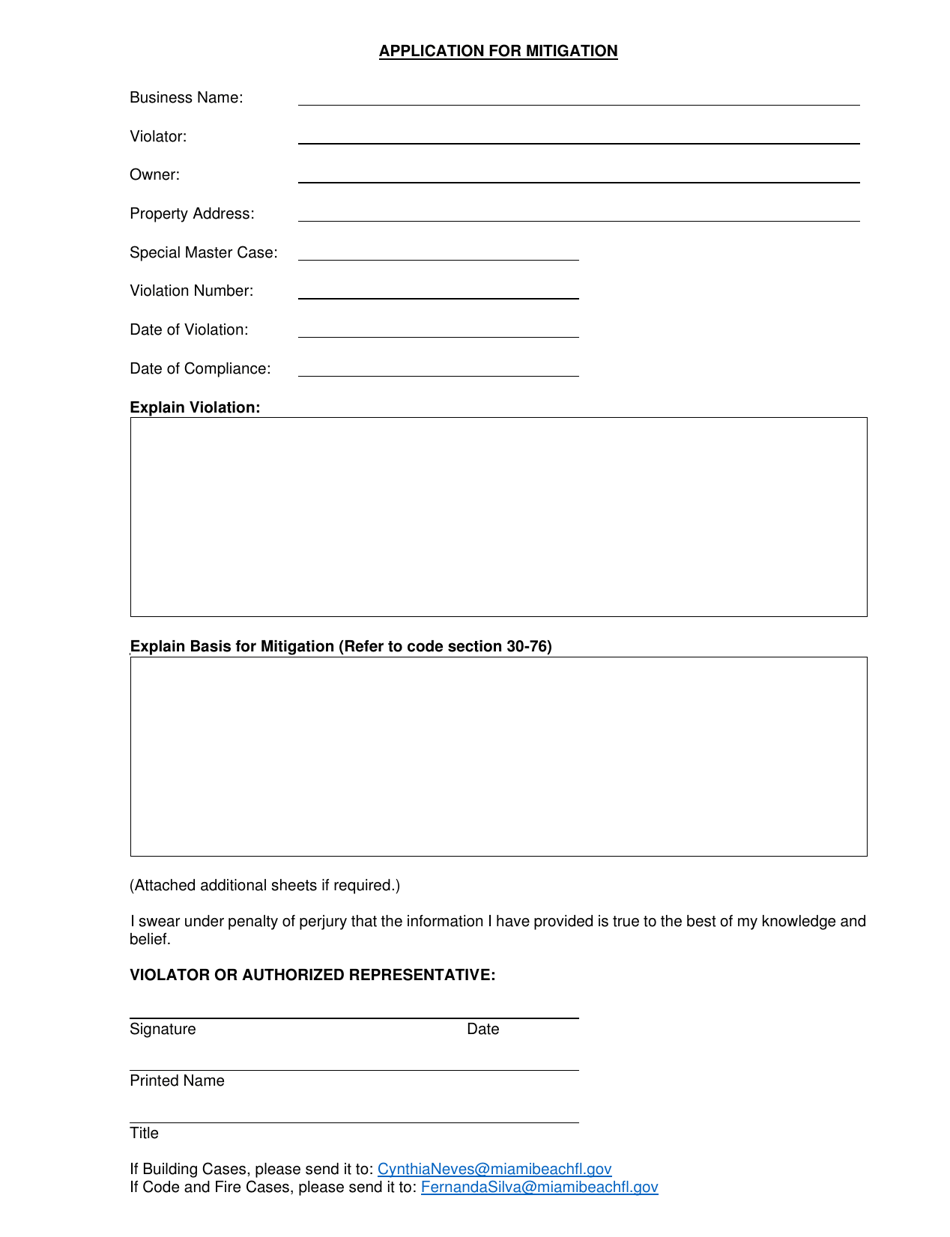 Application for Mitigation - City of Miami Beach, Florida, Page 1
