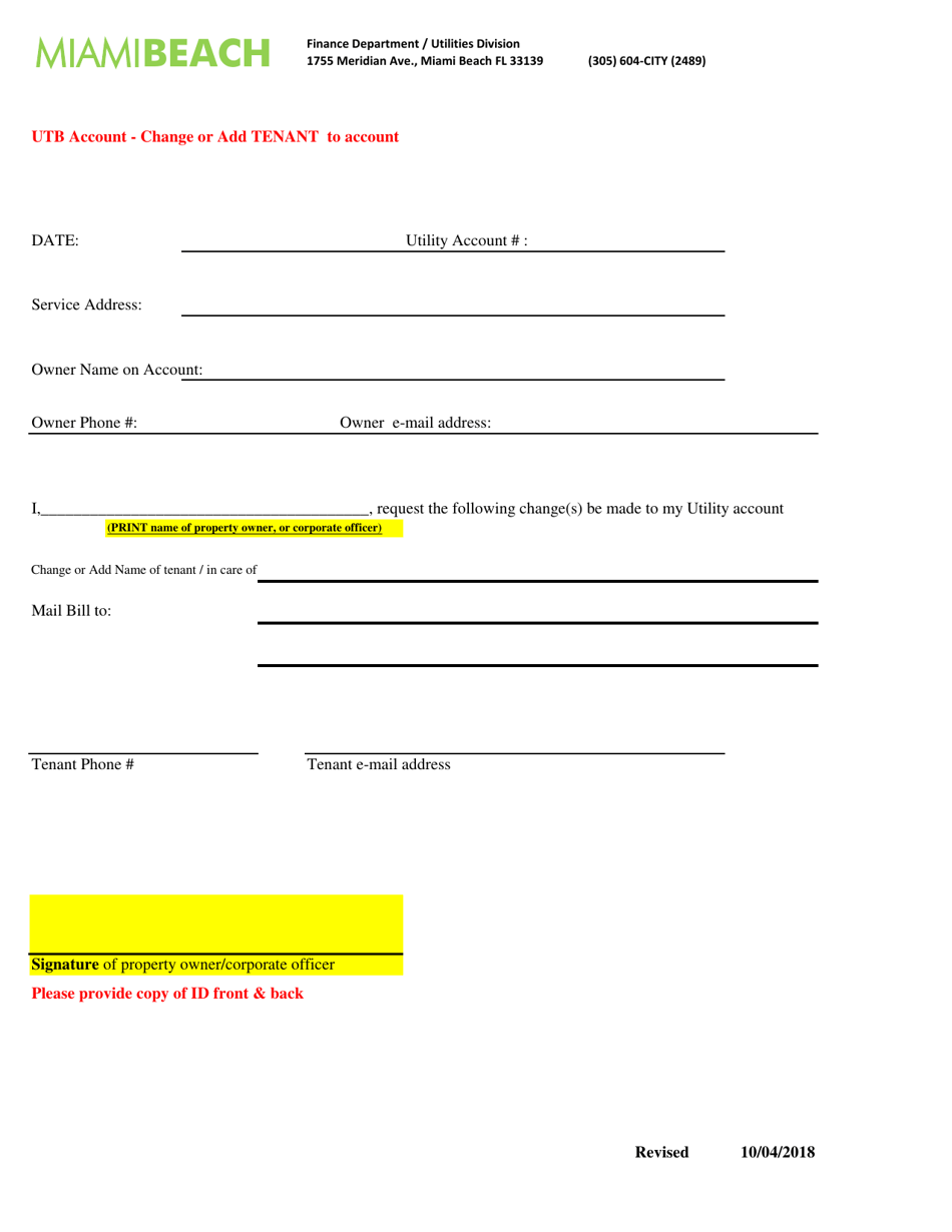 Utb Account - Change or Add Tenant to Account - City of Miami Beach, Florida, Page 1