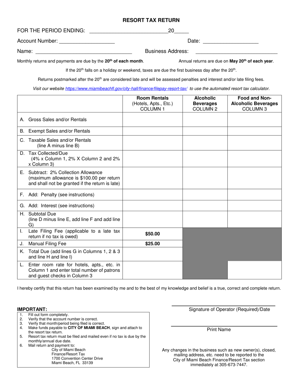 City of Miami Beach, Florida Resort Tax Return Fill Out, Sign Online