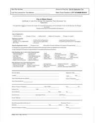 Document preview: Form OCC-1 Certificate of Use (Cu), Annual Fire Inspection Fee & Business Tax Application - City of Miami Beach, Florida
