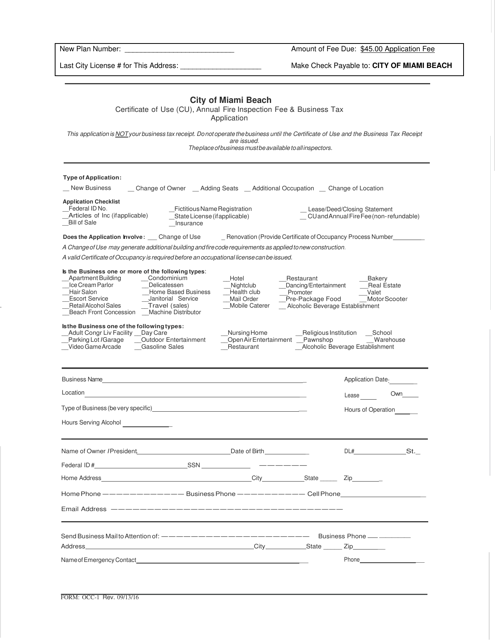 Form OCC-1 Certificate of Use (Cu), Annual Fire Inspection Fee & Business Tax Application - City of Miami Beach, Florida
