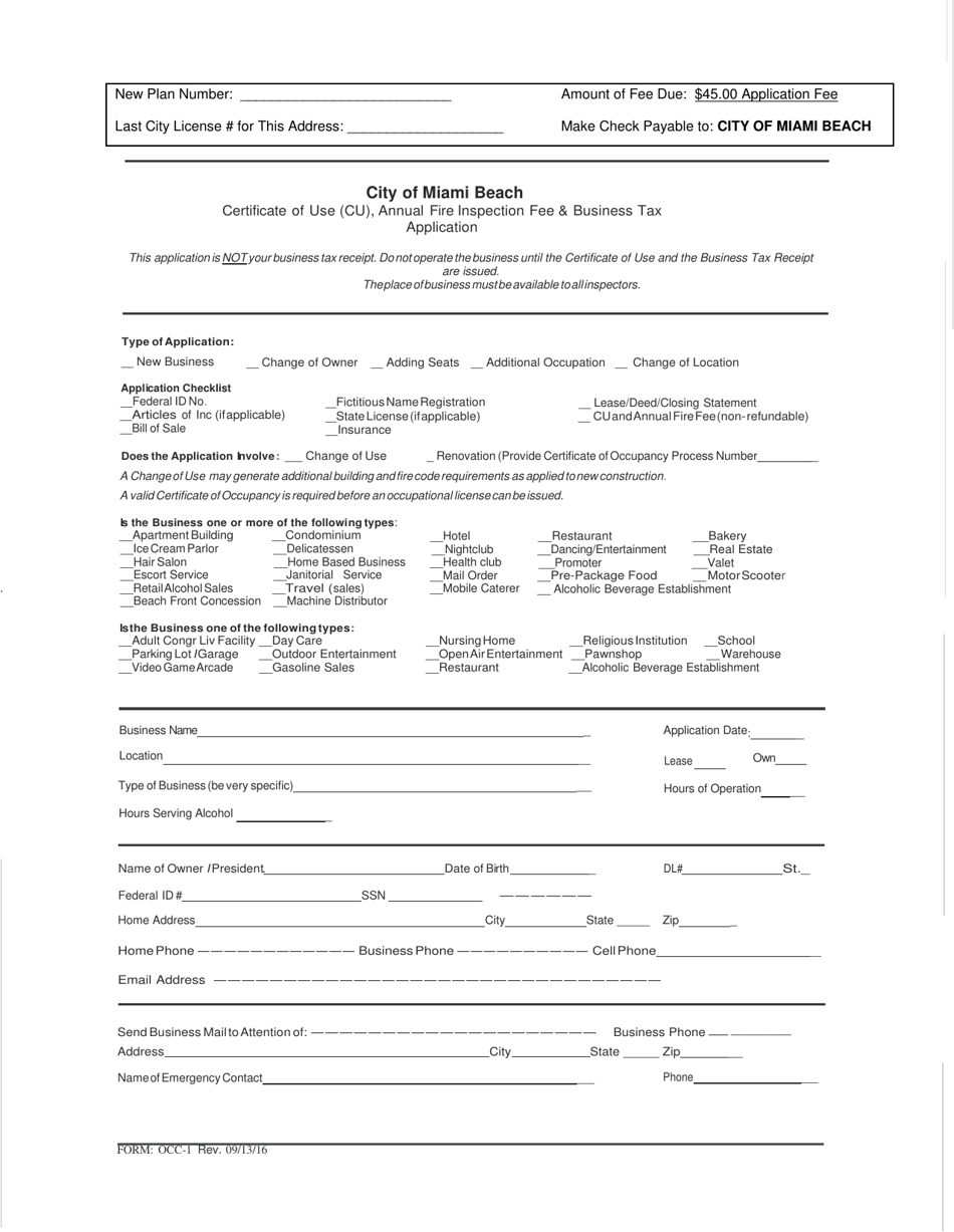 Form OCC-1 Certificate of Use (Cu), Annual Fire Inspection Fee  Business Tax Application - City of Miami Beach, Florida, Page 1