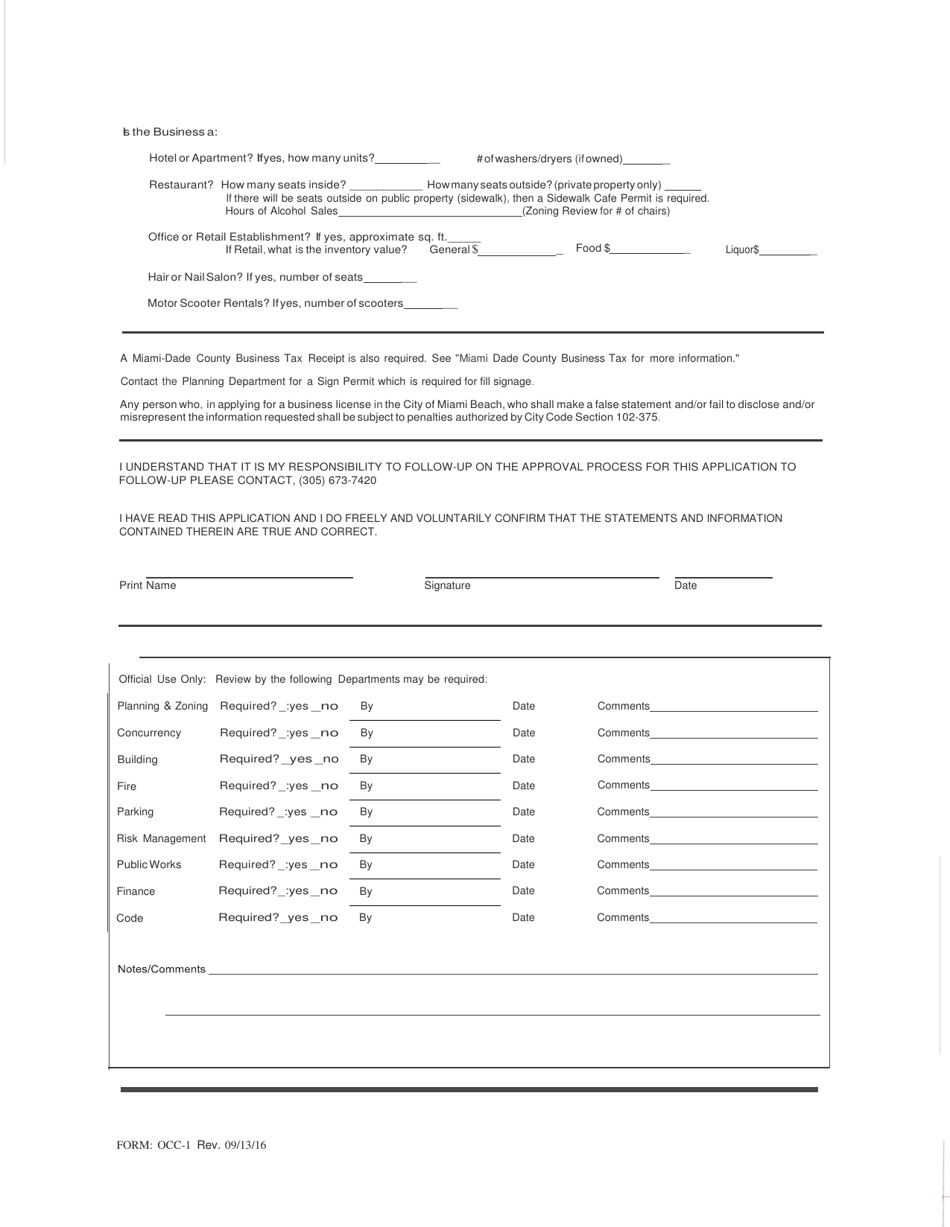 Form OCC-1 Certificate of Use (Cu), Annual Fire Inspection Fee  Business Tax Application - City of Miami Beach, Florida, Page 2