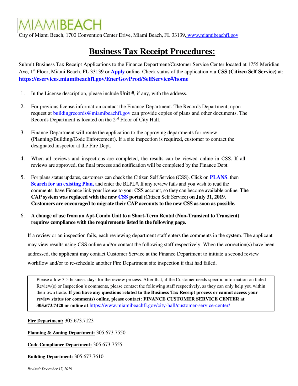 Form OCC-1 Certificate of Use (Cu), Annual Fire Inspection Fee  Business Tax Application - City of Miami Beach, Florida, Page 3
