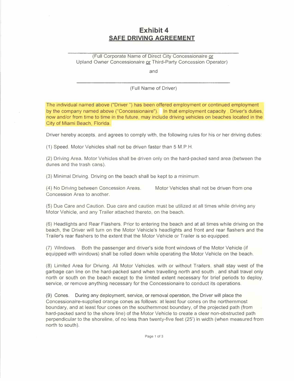 Exhibit 4 Beachfront Concession Safe Driving Agreement - City of Miami Beach, Florida, Page 1