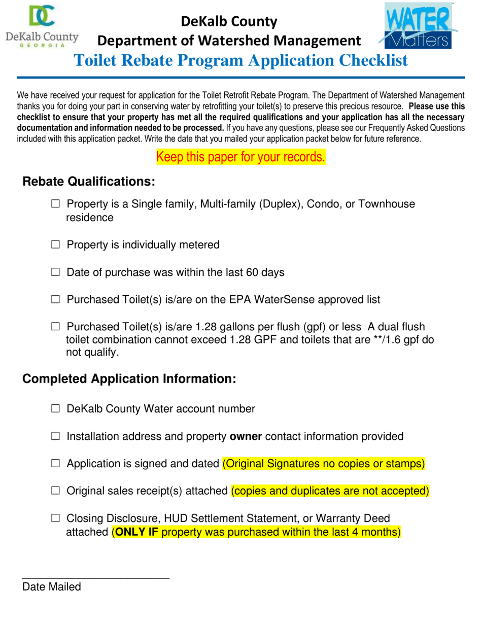 Toilet Retrofit Rebate Program Application Form - DeKalb County, Georgia (United States), Page 1