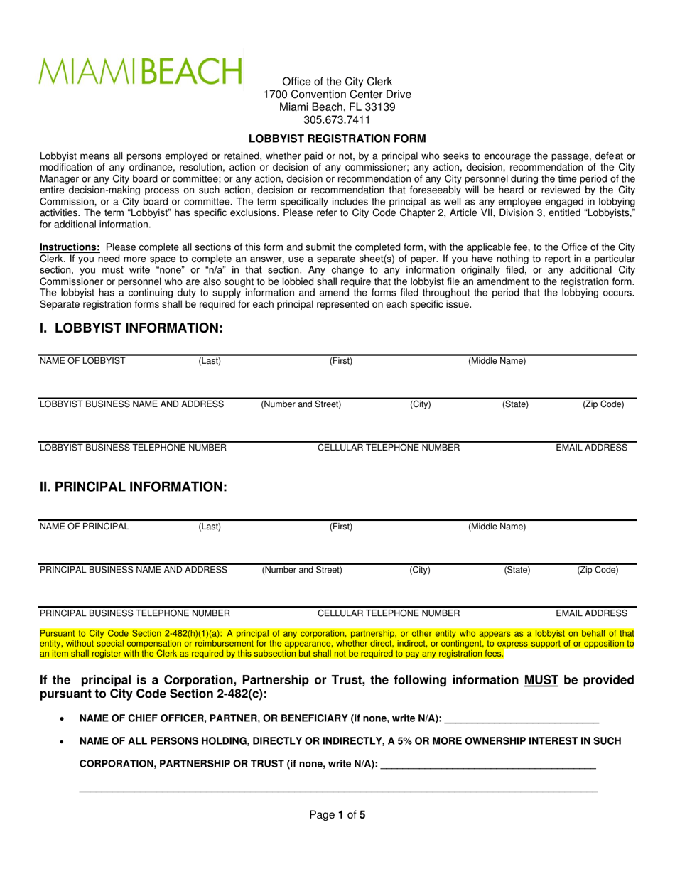 Lobbyist Registration Form - City of Miami Beach, Florida, Page 1