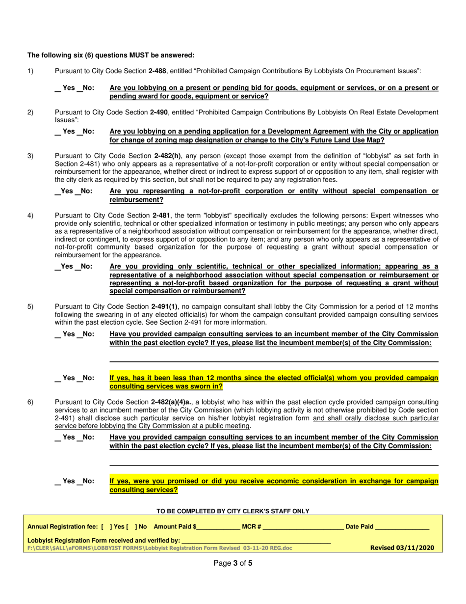 Lobbyist Registration Form - City of Miami Beach, Florida, Page 3