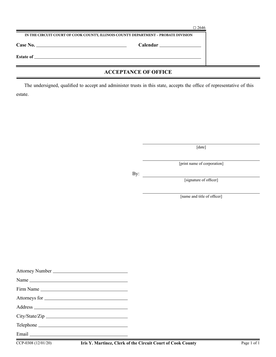 Form CCP-0308 Acceptance of Office - Corporation - Cook County, Illinois, Page 1