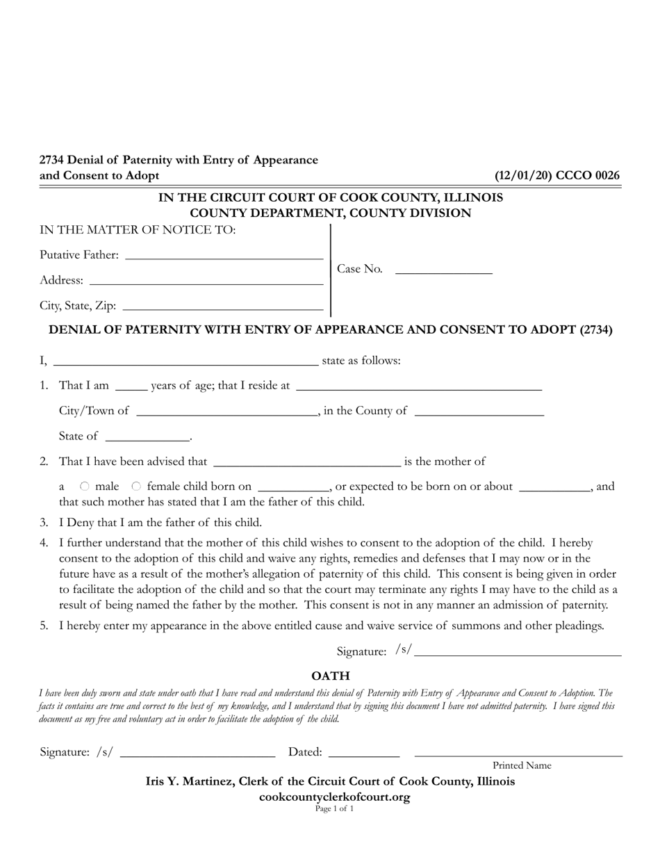 Form CCCO0026 Denial of Paternity With Entry of Appearance and Consent to Adopt - Cook County, Illinois, Page 1