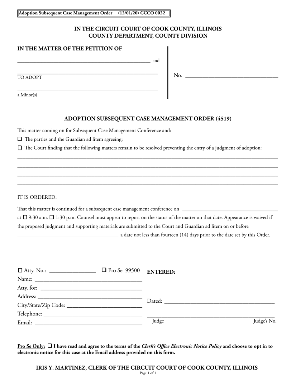 Form CCCO0022 Adoption Subsequent Case Management Order - Cook County, Illinois, Page 1